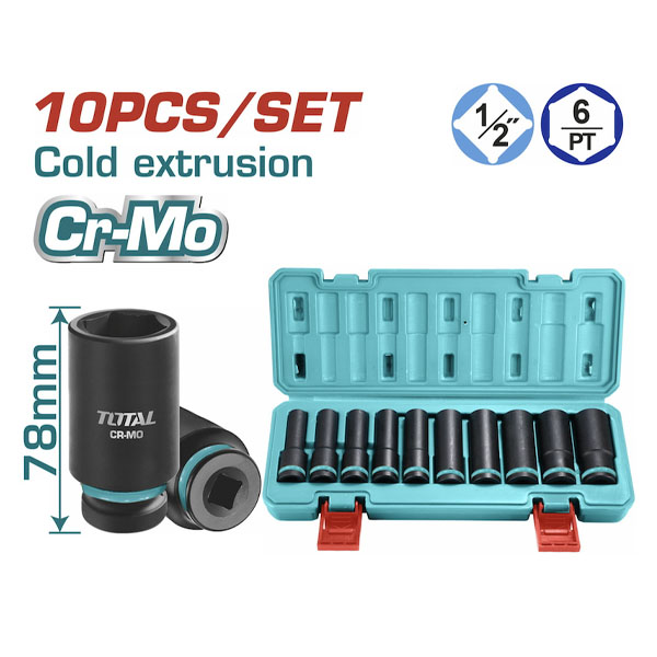 Bộ 10 đầu tuýp dài 1/2" Thép Cr-mo Total THKISD12102L
