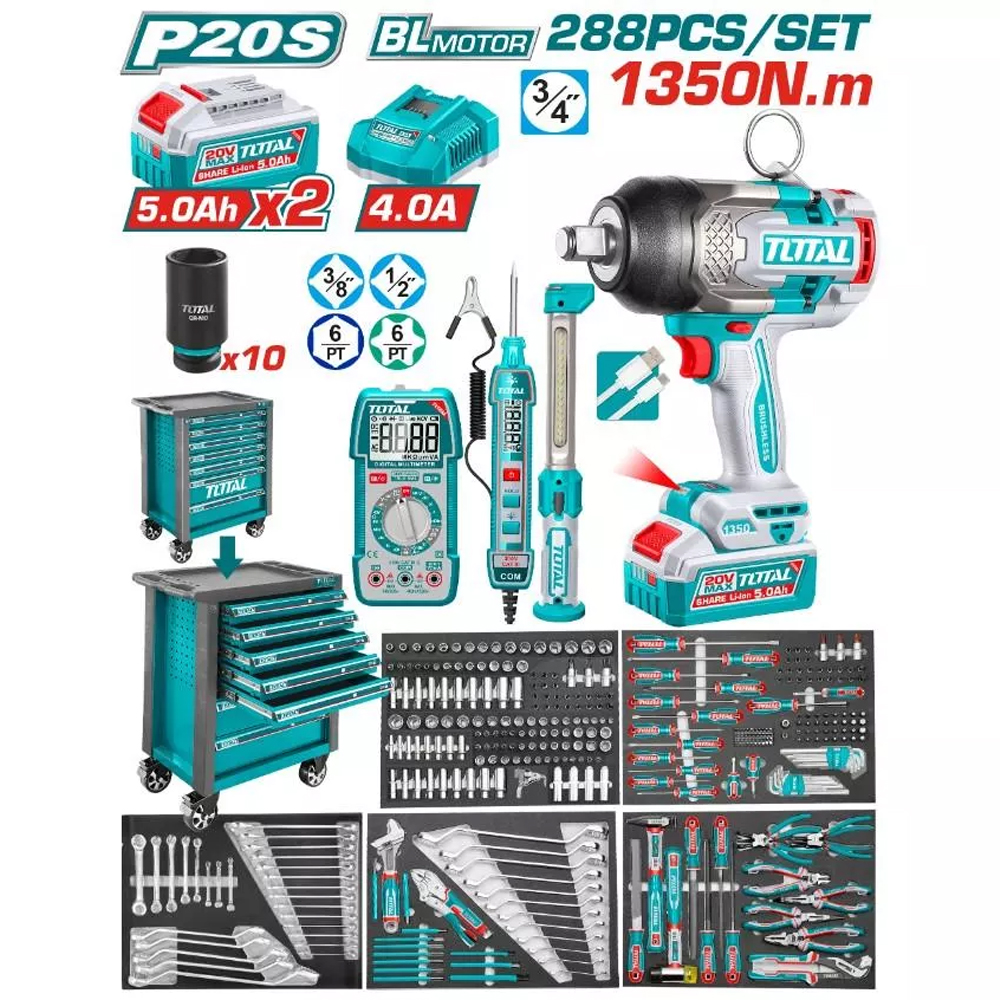 Bộ 288 món trong tủ xe đẩy đựng công cụ và máy siết bu lông TOP600 SUPER TOTAL THPTCS82882
