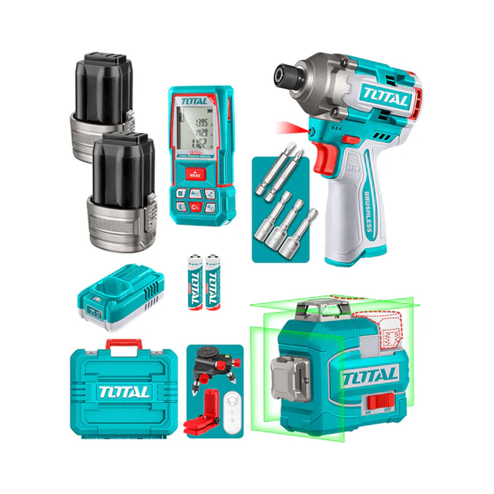 Combo máy vặn vít TIRLI16171 và Máy cân mục laser xanh TLL301200, Máy đo khoảng cách tia laser TMT51036 Total TOSLI250886