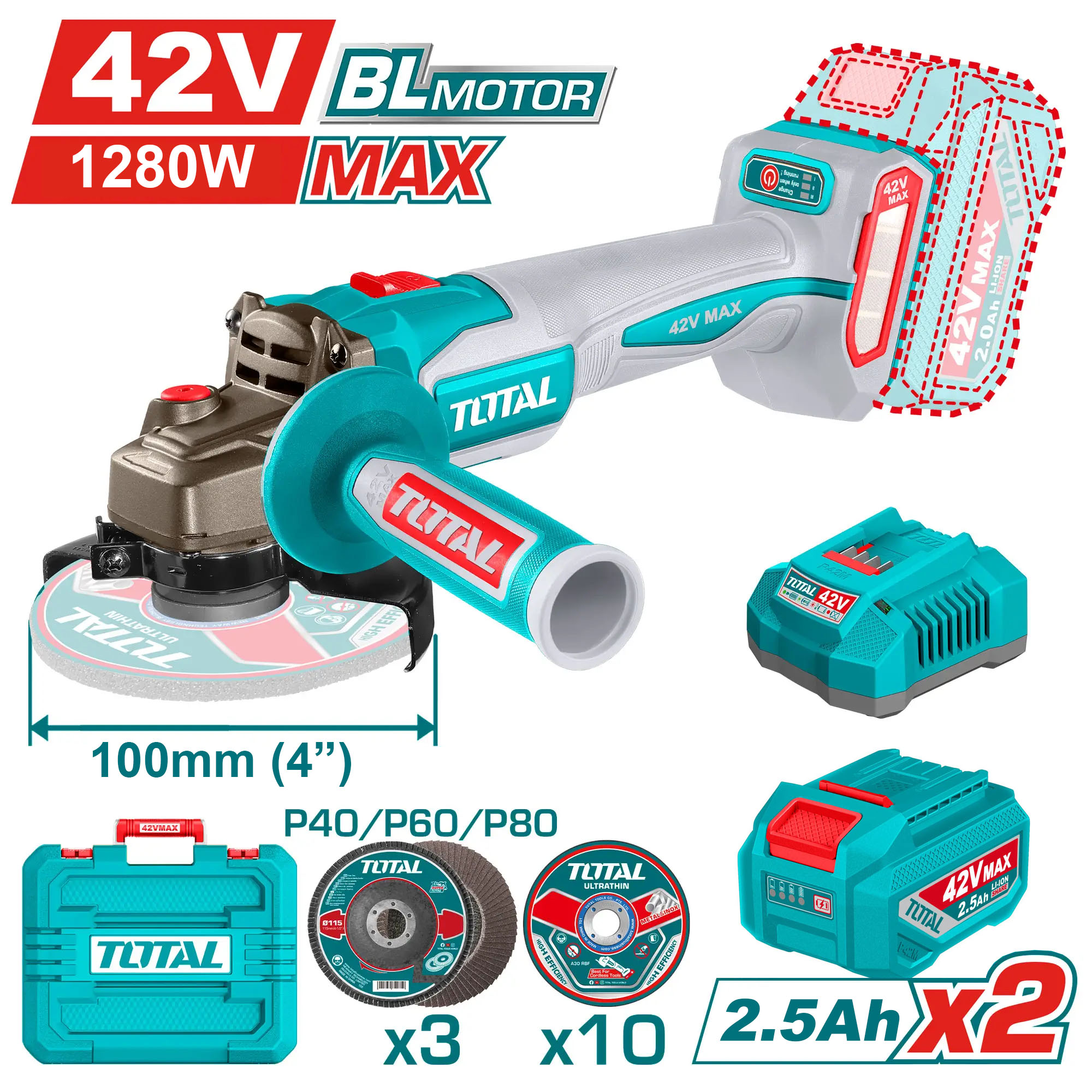 Máy mài góc dùng pin 42V Total TAGLI4128102 (2 Pin 2.5Ah, 1 Sạc)